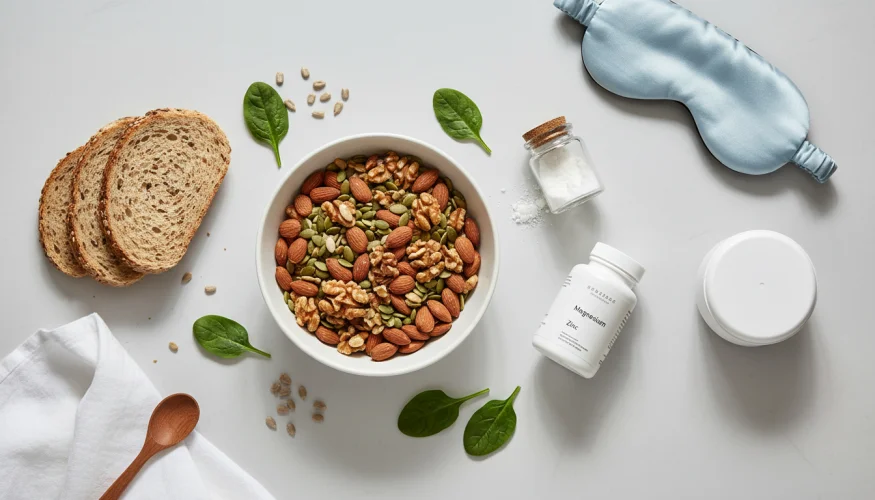 Flat-lay of magnesium and zinc supplements, nuts, seeds, leafy greens, and a white noise machine supporting ear health and sleep