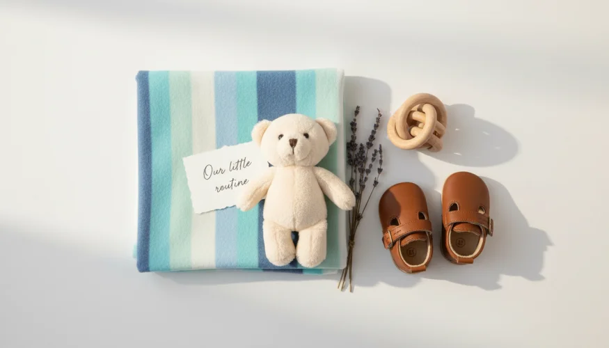 Flat-lay of toddler comfort items including a plush bear, blanket, wooden toy and small shoes