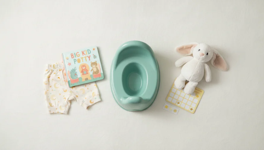Flat-lay of potty training essentials including a small potty, training pants, children's book, plush toy, and reward chart