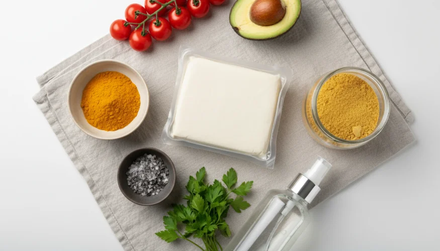 Ingredienti per il tofu scramble: tofu compatto, curcuma, sale nero, lievito alimentare e verdure fresche