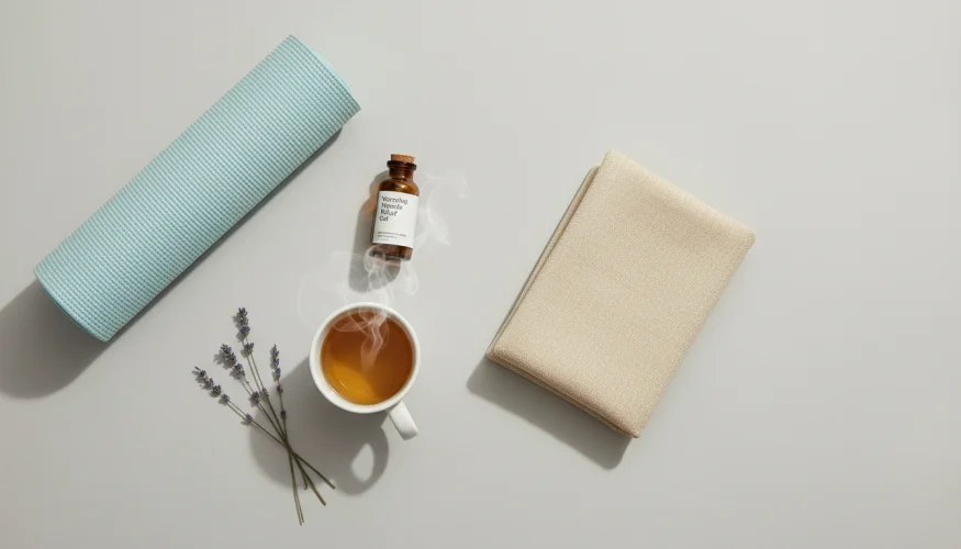 Flat-lay of wellness products for trapezius muscle relief including a yoga mat, heat gel, herbal tea and heat pad