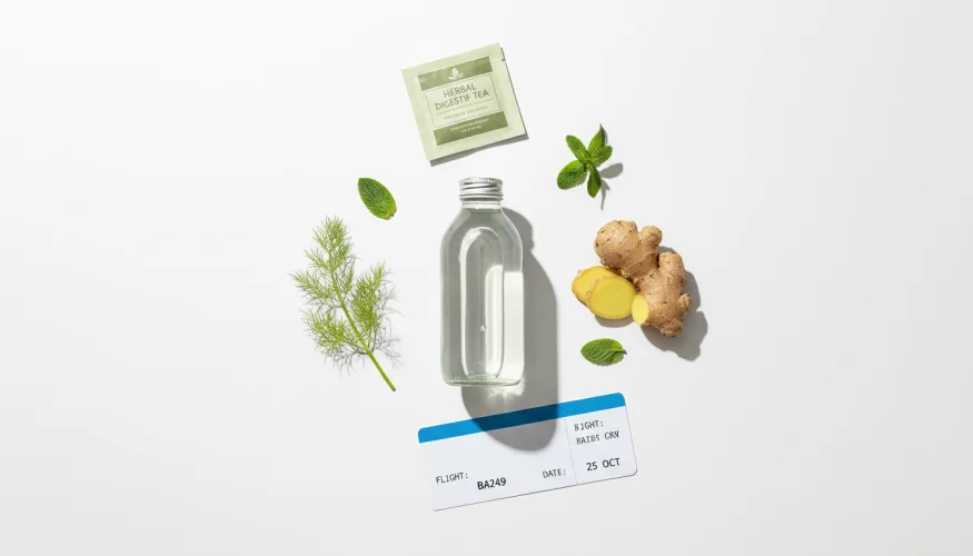Potovalni wellness flat-lay z vodo, komarčkom, ingverjem in meto