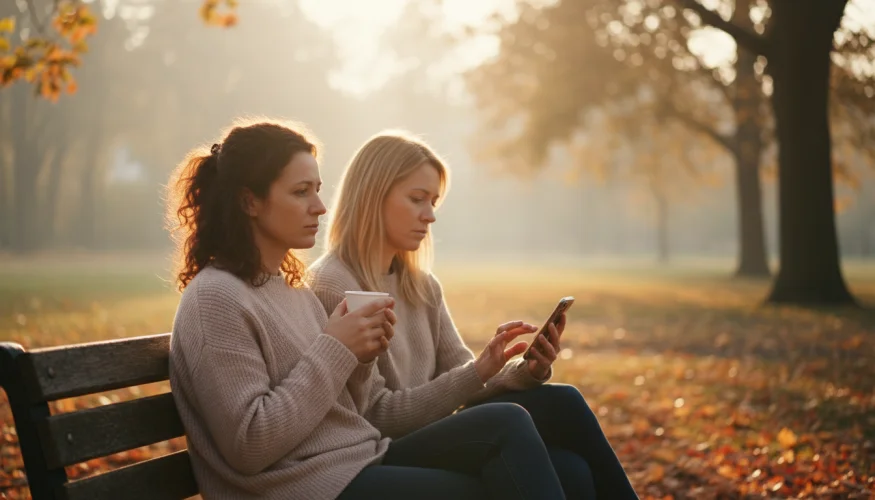 Due amiche sedute su una panchina nel parco, ognuna immersa nei propri pensieri