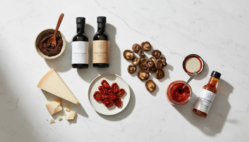 Product flat-lay of umami-rich ingredients: miso paste, soy sauce, parmesan, dried mushrooms, tomato paste and Worcestershire sauce