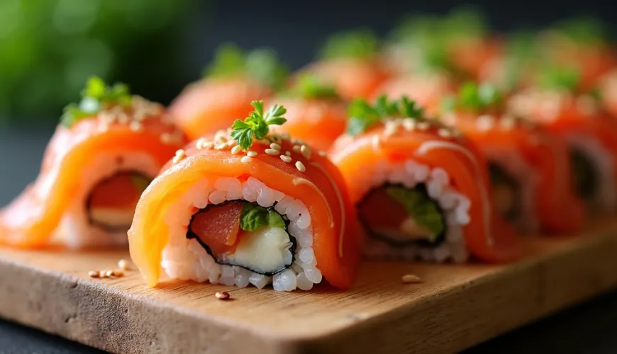 Uramaki jako trendy sushi rolky pro zábavné jídlo s přáteli