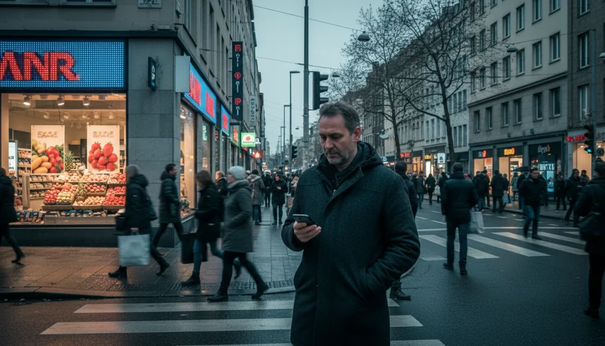 Ein Mensch in der Stadt, umgeben von künstlichem Licht und außersaisonalen Waren, abgekoppelt vom natürlichen Rhythmus der Natur