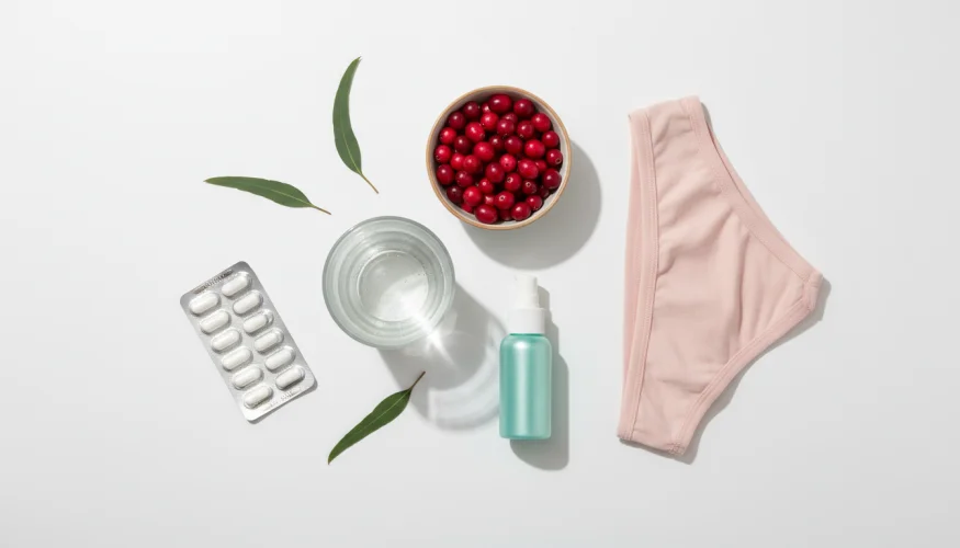 Flat-lay of UTI prevention products: water glass, cranberries, probiotics, cotton underwear and gentle intimate wash