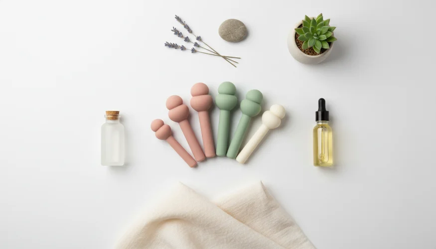 Un ensemble de dilatateurs vaginaux, un gel lubrifiant et une huile de massage comme aides au traitement du vaginisme