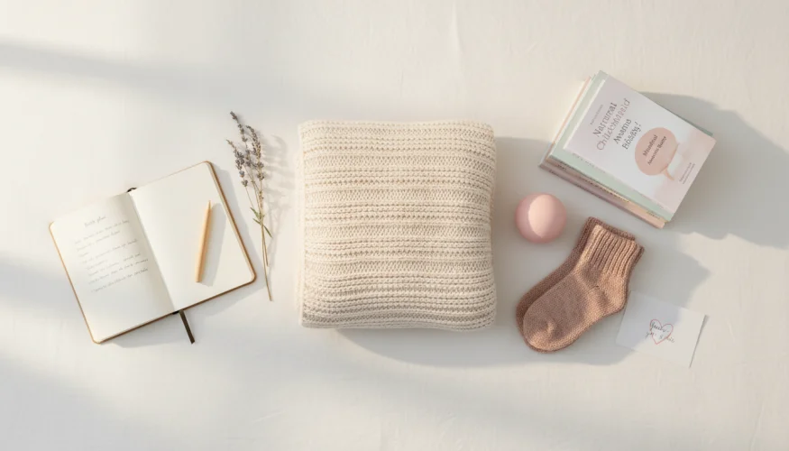 Flat-lay of birth plan journal, lavender, and comfort items for VBAC emotional preparation