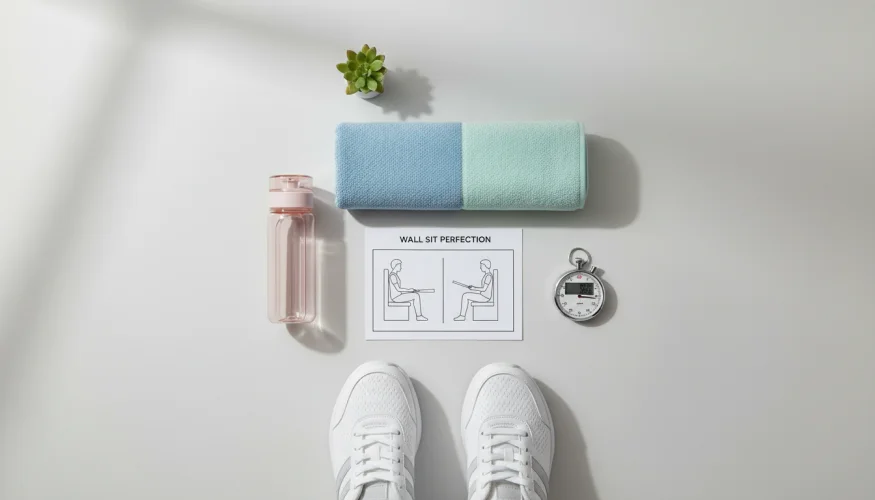 Flat-lay of wall sit exercise essentials including water bottle, timer, towel and sneakers