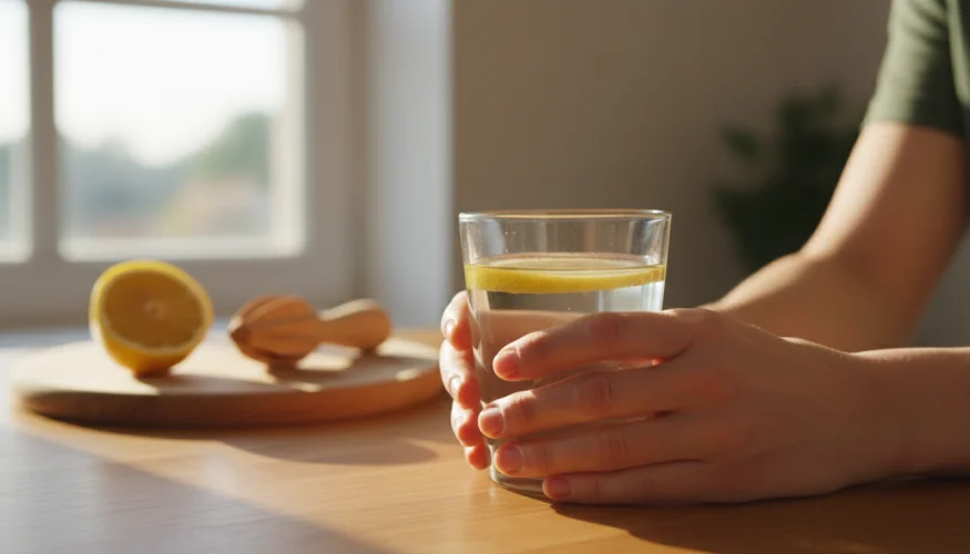 Sklenice vlažné vody s citronem ráno v kuchyni