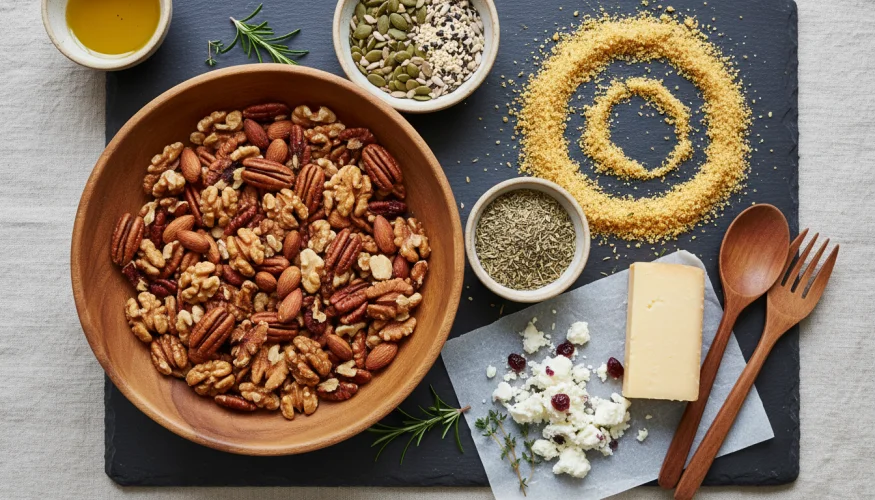 Flat-lay of warm salad toppings: toasted walnuts, pumpkin seeds, breadcrumbs and hard cheese on a white surface