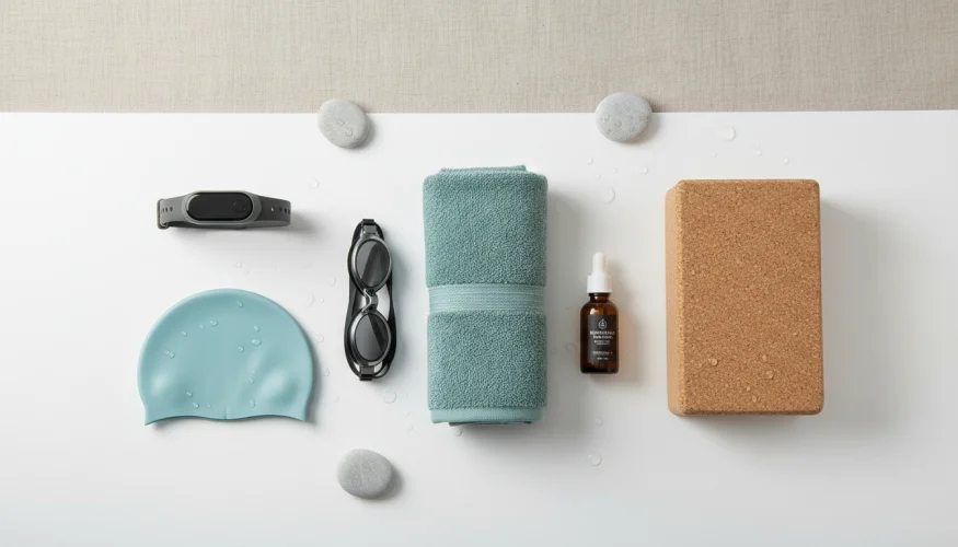 Flat-lay of swimming and water wellness products including goggles, towel, body oil and pebbles