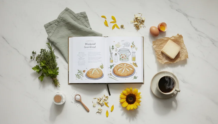 Flat-lay of an open cookbook surrounded by fresh herbs, farm eggs, cheese, and a coffee mug on a marble surface
