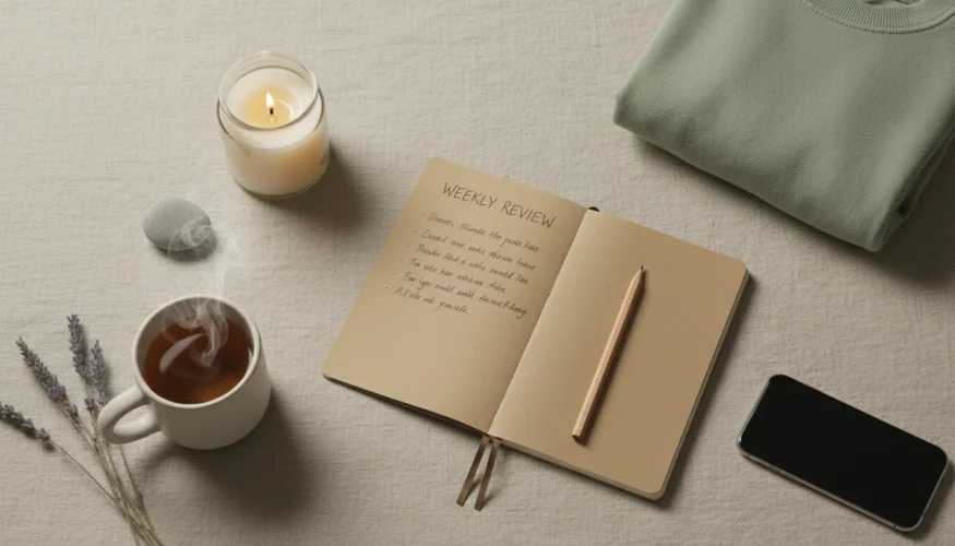 Flat-lay of a weekly review notebook, herbal tea, candle, and calming objects for an end-of-week mental reset ritual