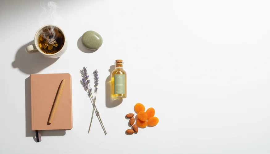 Flat-lay of wellness items including herbal tea, journal, lavender and natural oil evoking calm daily rituals