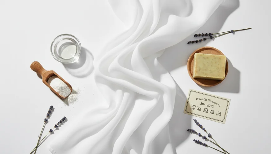 Flat-lay of white curtain fabric with natural laundry care products including vinegar, baking soda, and soap