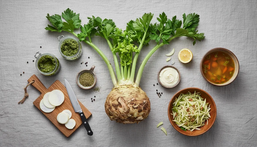 Ganzer Sellerie mit Knolle, Stängeln und Kraut in einem flachen Food-Foto mit Schälchen Pesto, Püree und Brühe