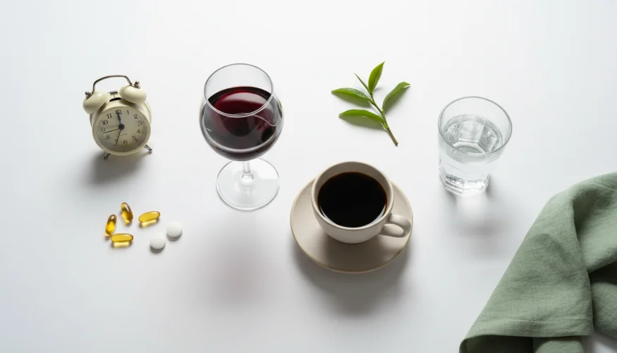 Sklenka vína, šálek kávy, voda, léky a budík v produktové flat-lay kompozici