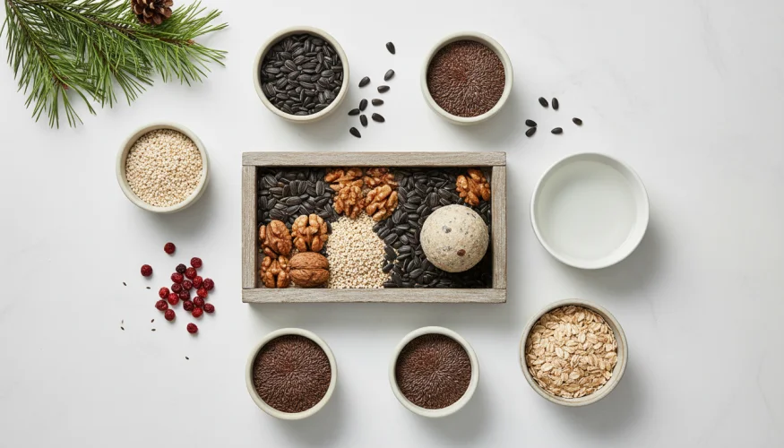 Flat-lay of a wooden bird feeder tray with sunflower seeds, suet ball, millet, walnuts and water dish