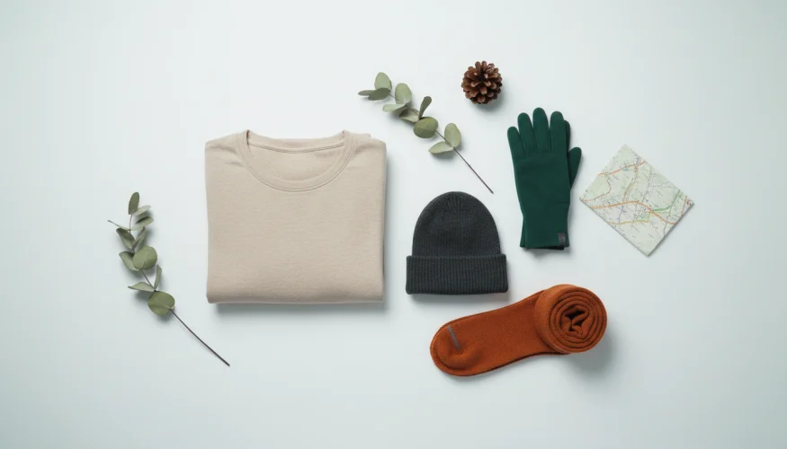 Merino wool winter outdoor clothing flatlay with gloves, beanie and thermal socks