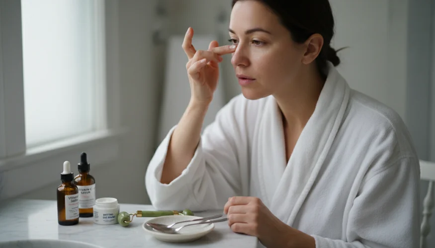 Mulher a aplicar creme de olhos com vitamina C na rotina de cuidados matinais