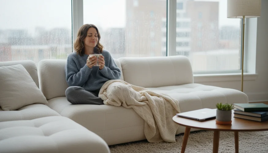Eine Frau ruht sich an einem regnerischen Tag auf dem Sofa mit einer Tasse Tee am Fenster aus