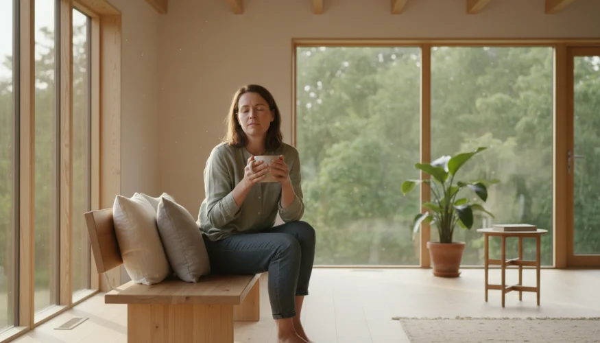 Žena sedící v klidném, minimalistickém obývacím pokoji s šálkem čaje, oči zavřené