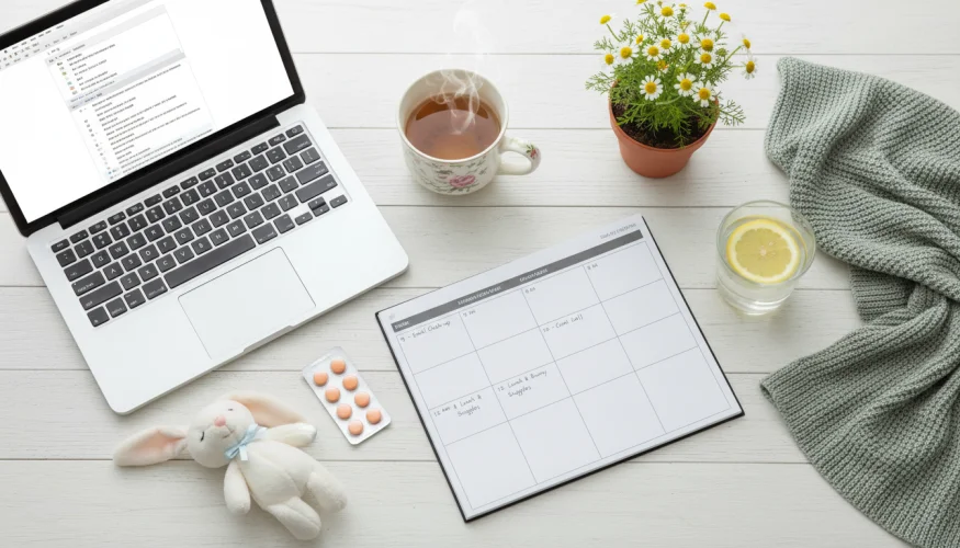 Flat-lay of work-from-home essentials alongside sick-child care items including herbal tea, medicine, planner, and a plush toy