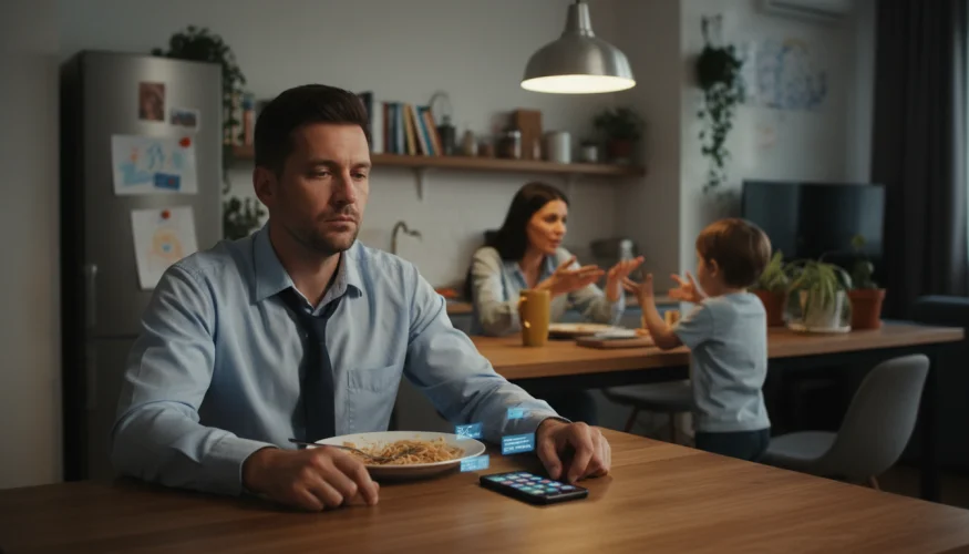 Moški pri večerji v mislih na delo, medtem ko družina govori v ozadju