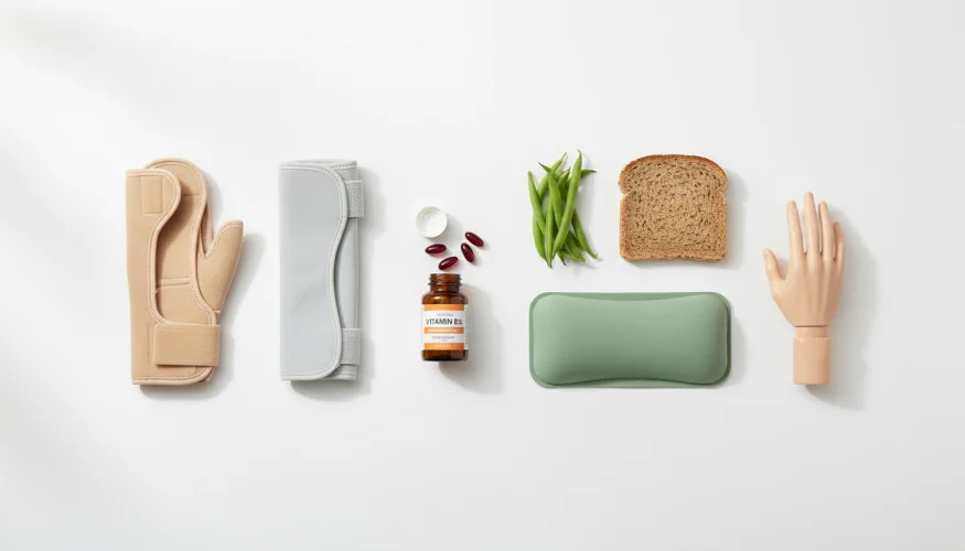 Noční ortéza na zápěstí, podpěra lokte, vitamín B12 a ergonomické pomůcky pro zdraví nervů