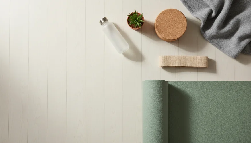 Yogamatte, Gurt und Korkblock, vorbereitet zum Dehnen