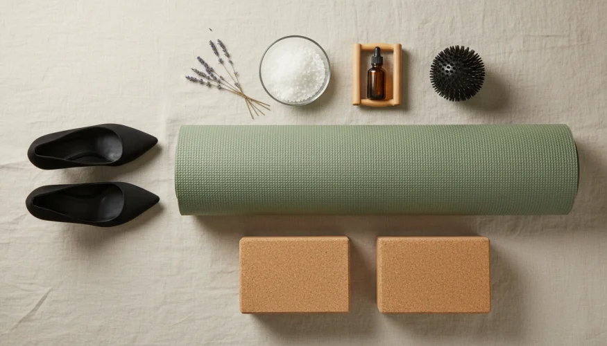 Flat-lay of yoga mat, high heels, massage ball, sea salt and essential oils for foot recovery after wearing heels
