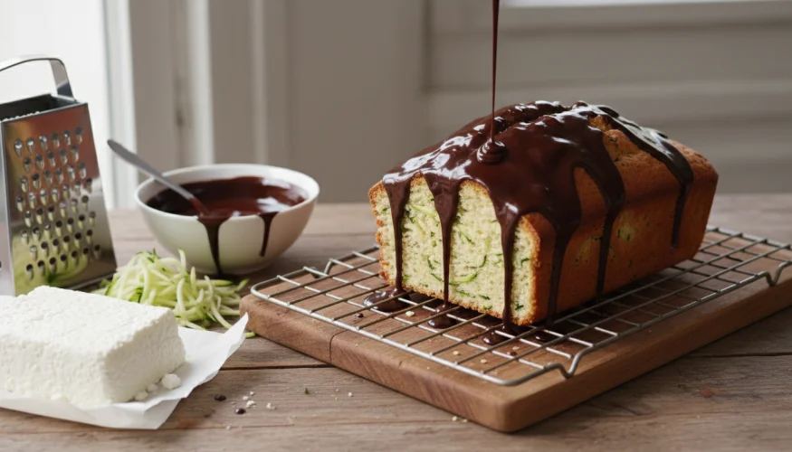 Zucchinikuchen mit Quark und Schokoladenglasur auf einem Holzgitter